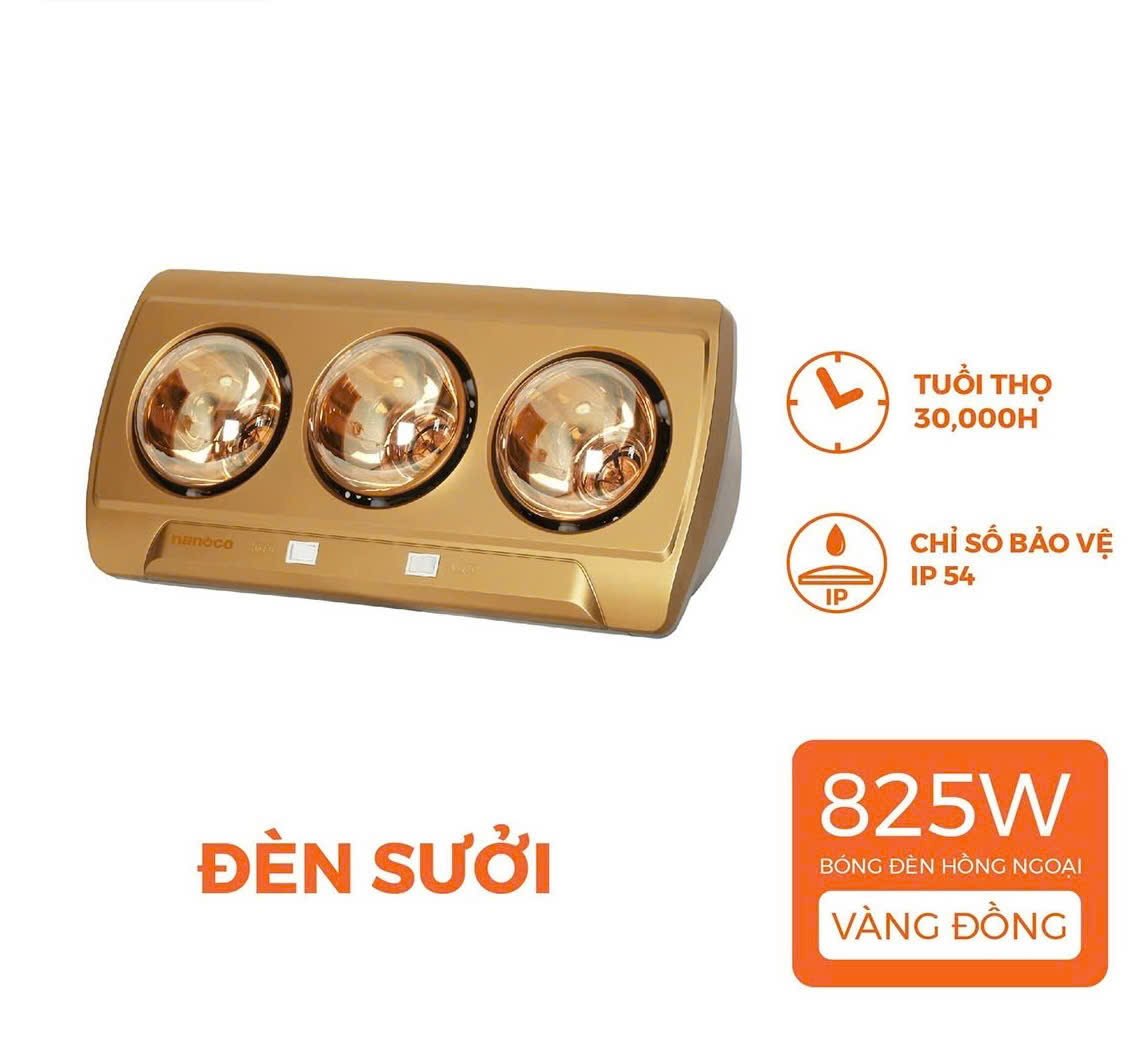Đèn sưởi Nanoco NBH650G 825W, gắn tường, 3 bóng