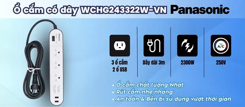 Ổ cắm có dây Panasonic WCHG243322W-VN - Mua chính hãng tại Công ty Đăng Khoa